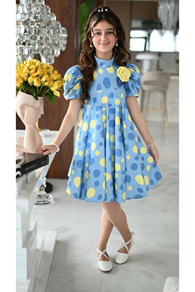 Alesaei-mondo tondo فستان ازرق بورد في الصدر للبنات 7003