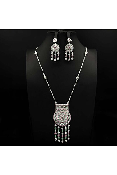 Generic سلسال طويل بحلق زركون دقة ألماس مكس فضي مع وردي واخضر إصدار خاص (3قطع...