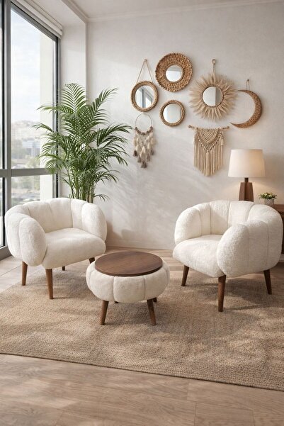 KOKİ DESİGN LOTUS Wellsoft Kırık Beyaz İkili Berjer Seti - ÖZEL SEHPALI (Salo...