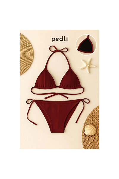 Narnuga Marsilyan- Women's Burgundy Side and Neck Tie Bikini Swimsuit Set