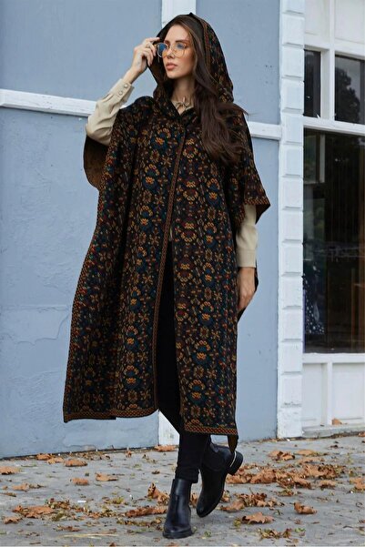 larocci Flower Patterned Hooded Knitwear Women's Poncho