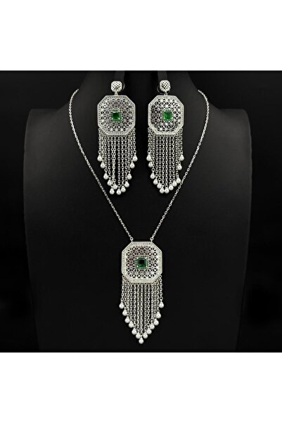 Generic سلسال طويل بحلق زركون دقة ألماس مكس فضي مع اخضر إصدار خاص (3قطع) بضما...