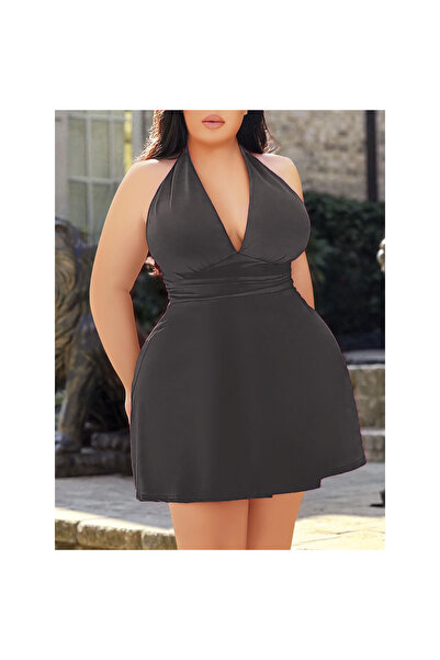 MİRALİVE Plus Size Anthracite Halter Neck Mini Nightdress