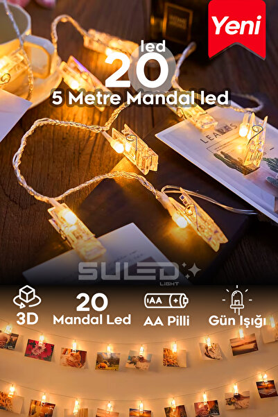 SULED 5 Metre Pilli 20 Led Mandal Işık Dekoratif Oda Fotoğraf ve Not Süsleme ...