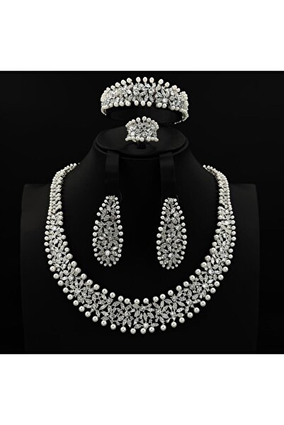 Generic طقم زيركون فضي مع لؤلؤ أنيق بإصدار خاص دقة الماس 5 قطع بضمان على اللون