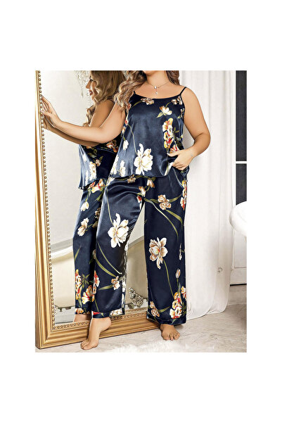 MİRALİVE Plus Size Blue Floral Print over Thin Strap 2-Piece Satin Pajamas Set