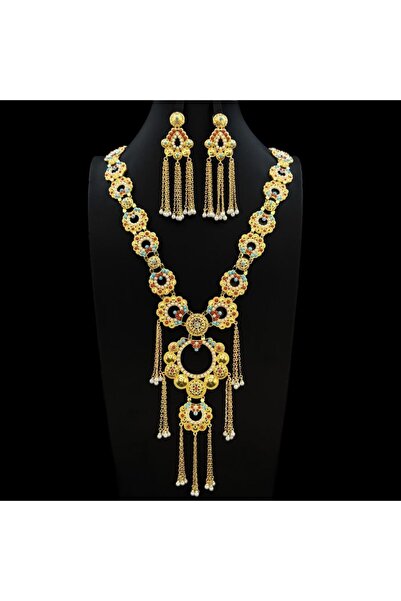 Generic سلسال طويل بحلق زركون دقة ألماس ذهبي مع لؤلؤ أحمر وأزرق إصدار خاص (3ق...