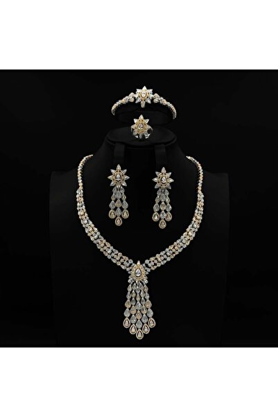 Generic طقم زيركون فضي مكس ذهبي أنيق بإصدار خاص دقة الماس 5 قطع بضمان على اللون