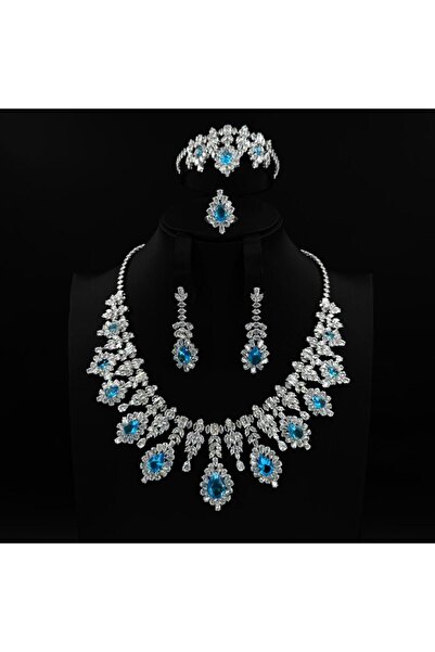 Generic طقم زيركون فضي مكس أزرق أنيق بإصدار خاص دقة الماس 5 قطع بضمان على اللون