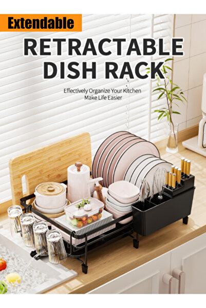 Generic رف تجفيف أطباق متعدد الوظائف قابل للتمديد مع لوح تصريف، يُستخدم لتخزين الأطباق على سطح المطبخ