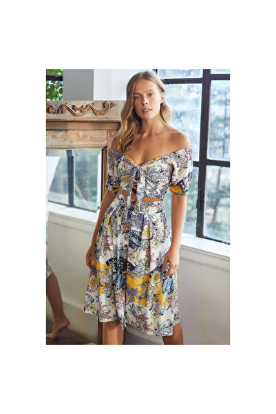MİRALİVE Woven Front-Tie Floral Printed Off-The-Shoulder Bustier and Front-Buttoned Skirt Set