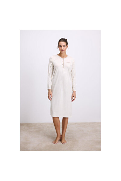 MİRALİVE Elephant Tooth Modal Long Sleeve Buttoned Nightgown