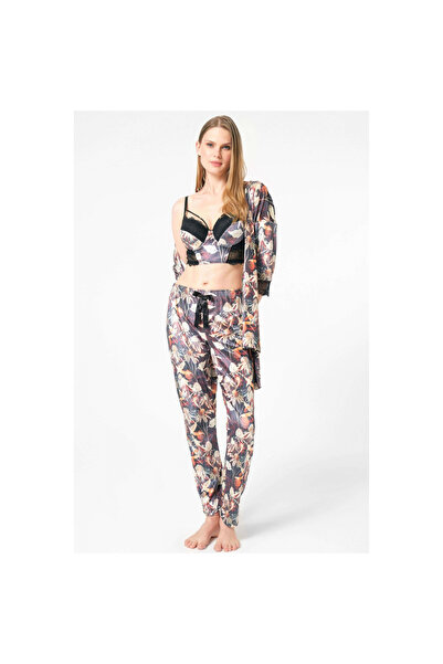 MİRALİVE Velvet Floral Patterned Dressing Gown Underwire Supported Padded Collar Detailed Lace Bustier Bra and Pant