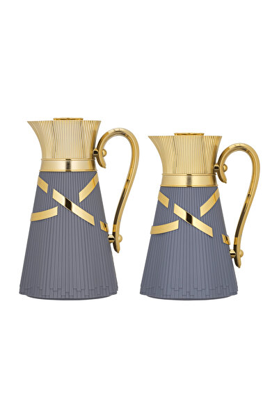ALSAIF Naghma Coffee and Tea Thermos Set, 2 Pieces, by Al Saif / Elegant Design to Suit All Tastes, 1.0/0.7 Liter, Dark Gray with Gold Accents