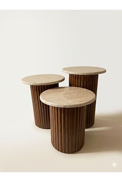 Nova Dizayn 3 LÜ KOYU CEVİZ AĞAÇ TRAVERTEN KOMBİN SEHPA