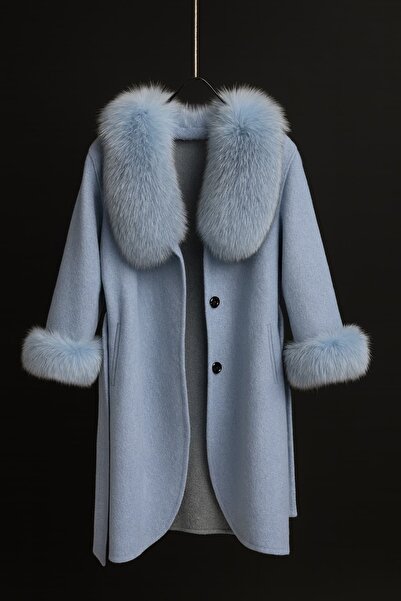 Levin Peak Sempa Fee Premium Doğal Kürk Detaylı Kaban (Buz Mavisi)