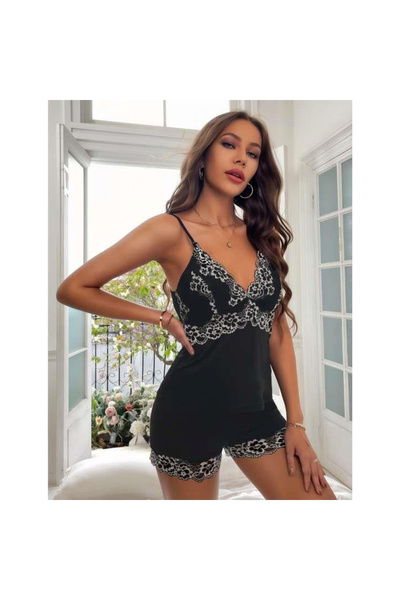 MİRALİVE White Lace Embroidered Black Thin Strap Satin Shorts Set