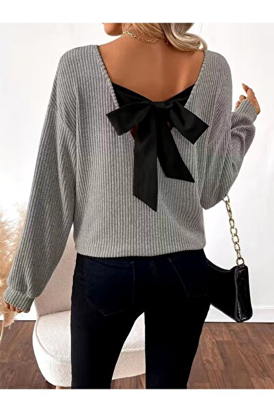 FRESCO SCARFS Women's Long Sleeve V Neck Back Ribbon Detailed Fleece-Lined Ribbed Knit Blouse