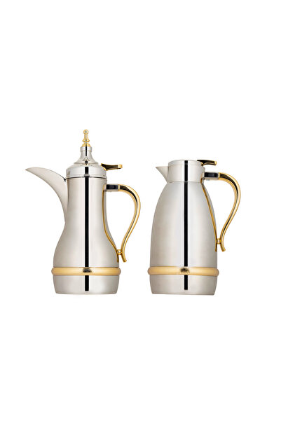 ALSAIF Zahwa Coffee and Tea Thermos Set, 2 Pieces, by Al Saif / Elegant Design to Suit All Tastes, 1.0 Liter/0.7 Liter, Nickel Gold