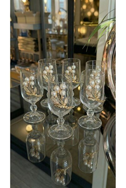 Elta Collection Set of 6 Pearl/Flower Detailed Gold Metal Decorated Footed Glass Coffee Glasses – Stylish Presentation Cups
