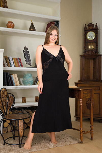 MOPİ Strap V-Neck Lace Chest Detailed Slit Long Viscose Stretch Fabric Nightgown Dress