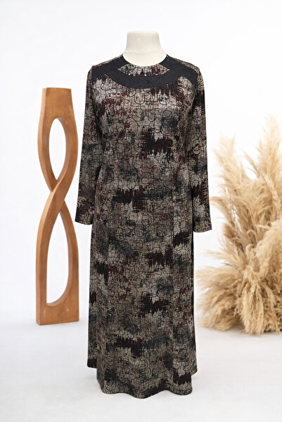 HESNA Women's Round Neck Winter Linear Abstract Pattern Plus Size Mother Combed Cotton Dress