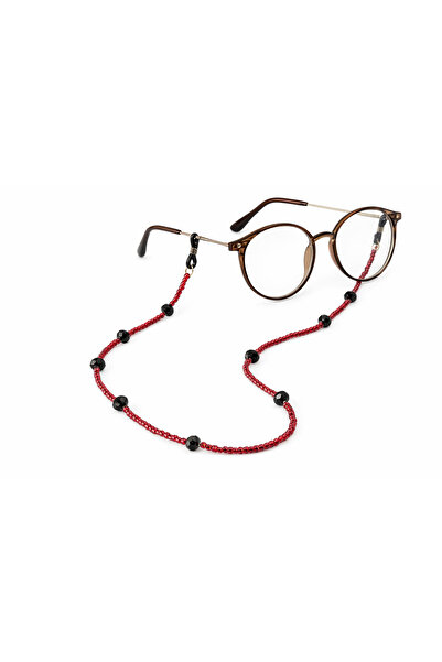 ŞengülKozmetik Black Crystal Beaded Red Stone Detailed Handmade Glasses Cord
