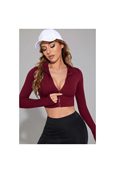 Narnuga Women's Burgundy Long Sleeve Zippered Finger-Loop Detailed Mock Neck Crop Top Blouse
