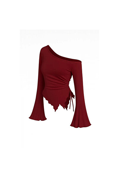 Narnuga Marsilyan- Women's Burgundy Long Spanish Sleeve Asymmetrical Collar Side Tie D Draped Blouse
