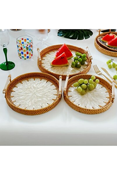 Cozy Nest Handmade Round Rattan Serving Tray Set of 3 with Wood Handles & Mother of Pearl Inlay