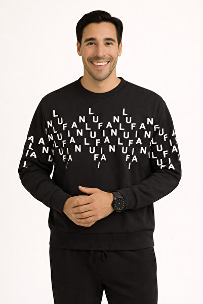 Tekin Siyah Beyaz Yazılı 3 iplik Sweettshirt