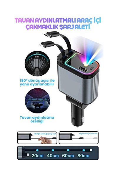 66W Araç Çakmaklık Şarj Aleti Rgb Led Işıklı Tavan Aydınlatmalı 4 ın1 Çift Kablolu Hızlı Şarj 3.4A