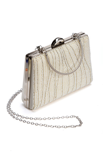 Melvoria Women's Stone Evening Dress Portfolio Clutch Chain Strap Bag White