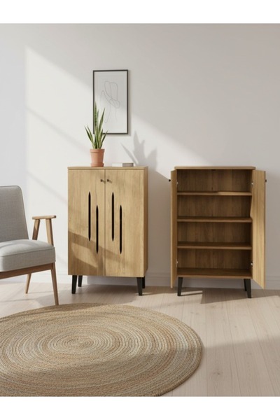 BEC13 Modern wooden shoe cabinet with 4 shelves and a distinctive geometric design