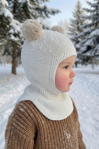 Babily Bebek Çocuk Ponponlu Ultra Yumuşak Triko Balaklava Kışlık Bere Kar Maskesi