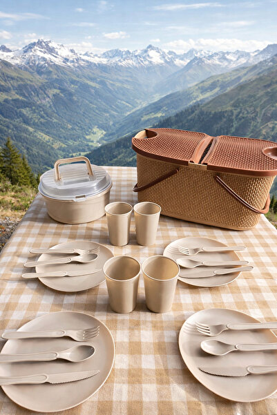 İ&A HOME 4 Kişilik Piknik Seti Taşıma Sepetli | Kamp & Outdoor Yemek Takımı