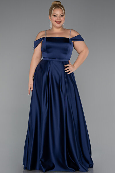 Abiyefon Lacivert Askılı Uzun Saten Büyük Beden Abiye Elbise ABU5346