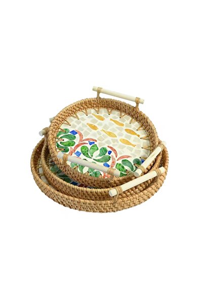 Cozy Nest Handmade Round Rattan Serving Tray Set of 3 with Wood Handles & Mother of Pearl Inlay