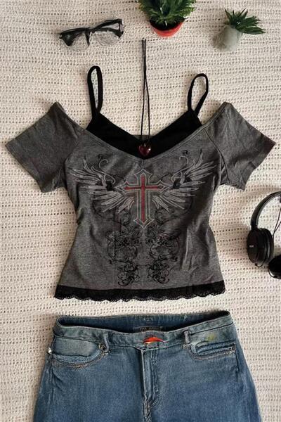 İsra Ayyıldız Moonstar Collection Anthracite Red Cross Wing Gothic Strap Blouse