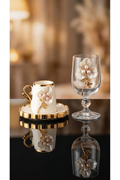 Elta Collection Gold Metal & İnci Çiçek Figürlü 12 Parça Bardak Fincan Seti |...