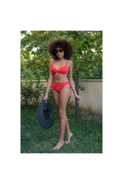Narnuga Mi̇ray- Women's Supported Bow Tie Bottom Top Red Bikini Set