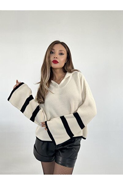 Lux Home Istanbul Women's Knitwear Striped Collar Sweater - Cream & Black