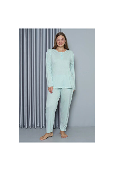 Narnuga Mi̇ray- Women's Plus Size Combed Cotton Long Sleeve Pajama Set Water Green