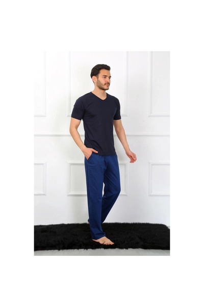 Narnuga Mi̇ray- Men's Combed Cotton 3-Piece Navy Blue V-Neck Pajama Set