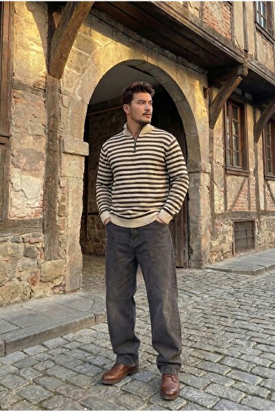 caddekombin Striped Dikyaka Half-Zip Brown Ecru Sweatshirt