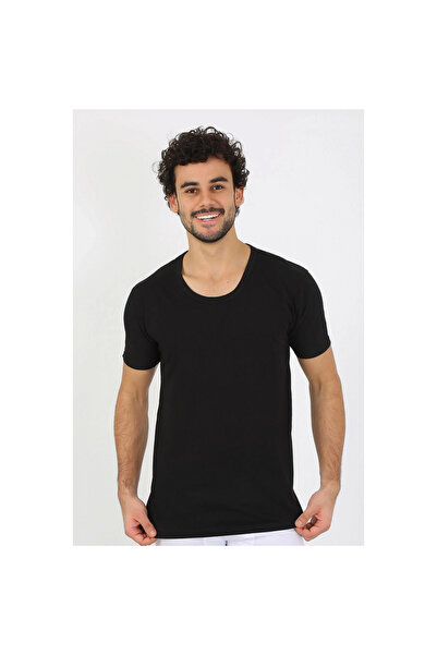 Narnuga Mi̇ray - Men's Open Collar Black Combed Cotton Undershirt
