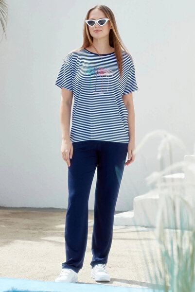 Sementa Crew Neck Embroidery Detailed Striped Combed Cotton Suit - Navy Blue