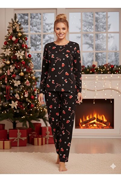 trendmodaal New Year's Patterned Suede Fabric Pajama Set
