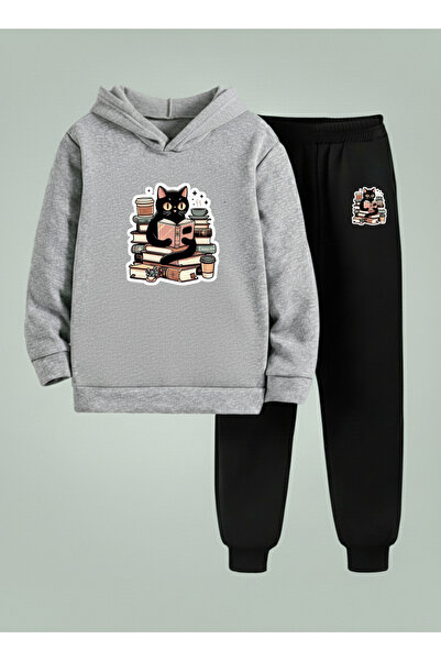 LORVEX Unisex Children's Sweatshirt - Tracksuit Set (Hooded) Cat Reading a Bo...