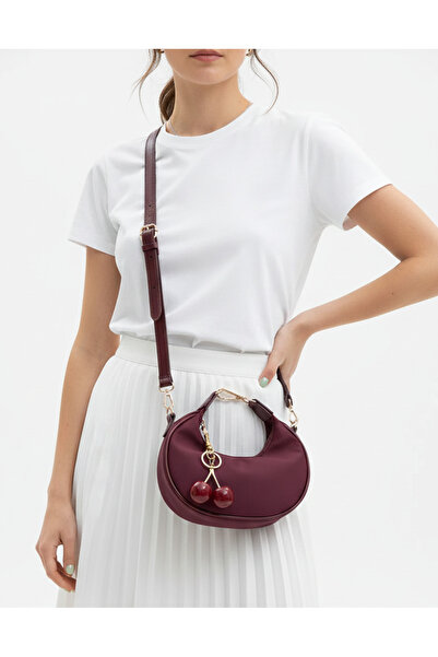 Çanta Trend Bordo Suede Women's Shoulder Bag with Cherry Charm as a Gift